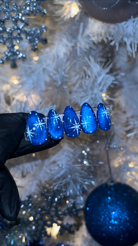 Blue Cateye Snowflakes Press On Nails