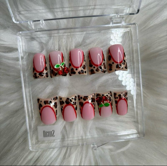 Leopard And Cherries Press On Nails